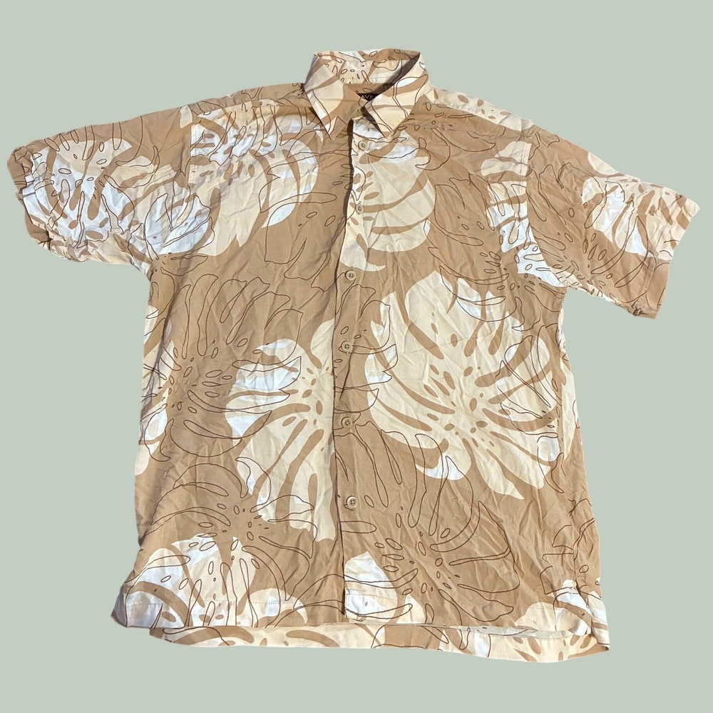 Cubavera Mens Tan Monstera Leaf Tropical Print Viscose‎ Button Down Shirt M